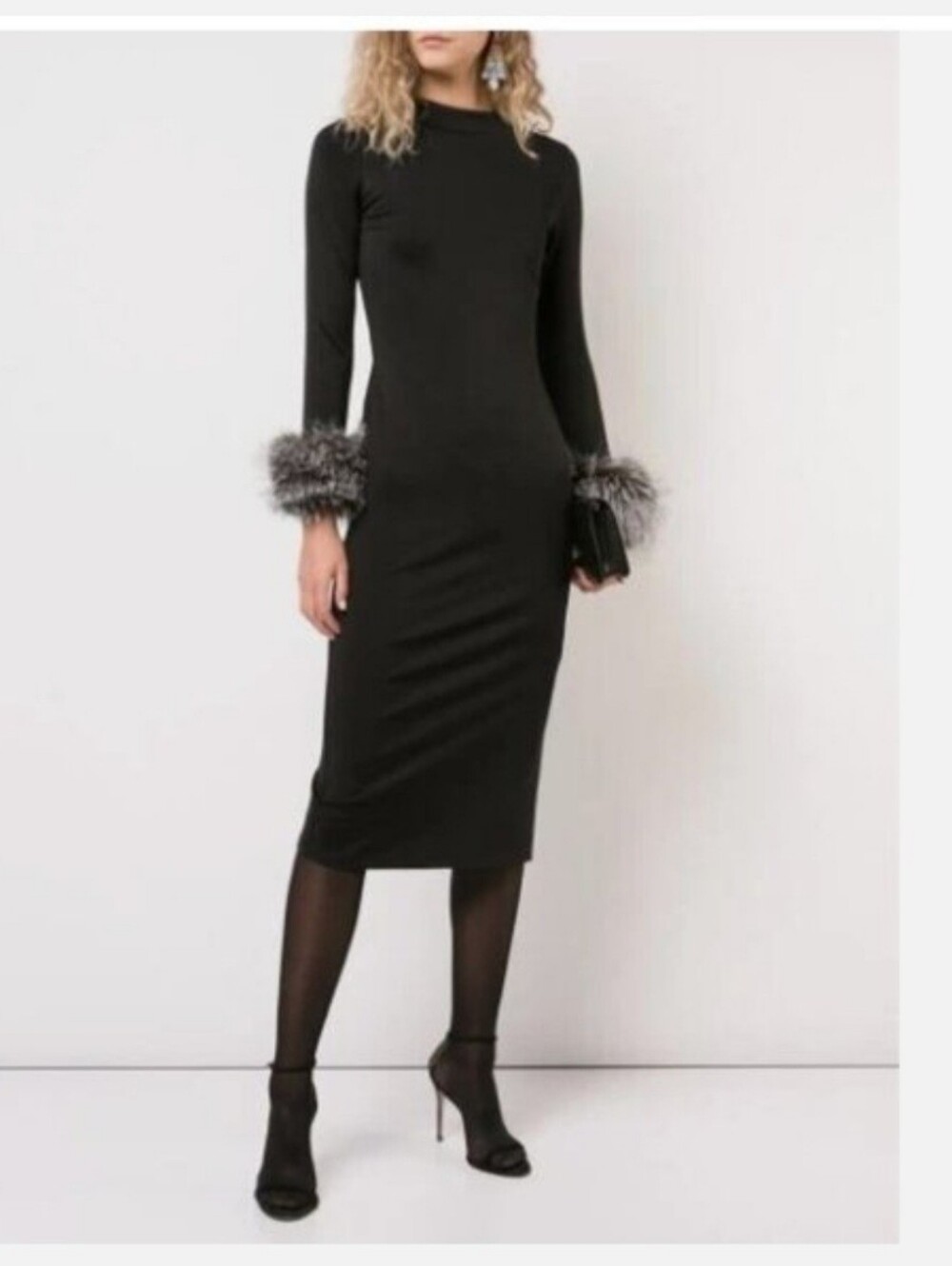 ALICE + OLIVIA Delora Fox Fur-cuff Sleeve Black Midi Dress. Size 4 $550 - Picture 7 of 12